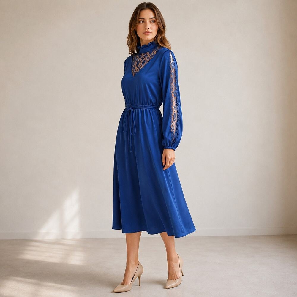 Vintage 80s JCPenney Blue Lace Prairie Midi Dress Ruffle Neck Boho Medium -